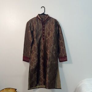 Men's Brown and Red Patterned Kurta